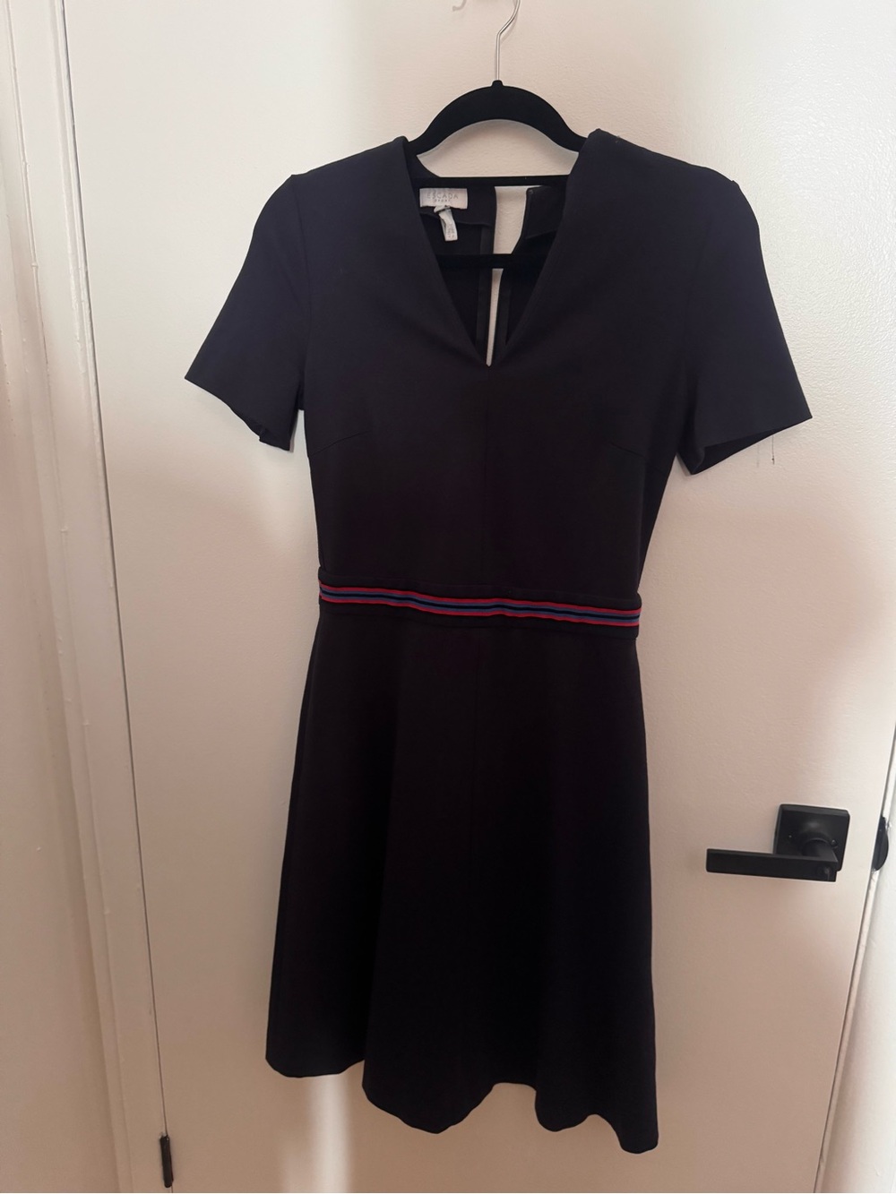 Escada dark navy blue Fit-and-Flare Dress with Striped Waist Detail size 36